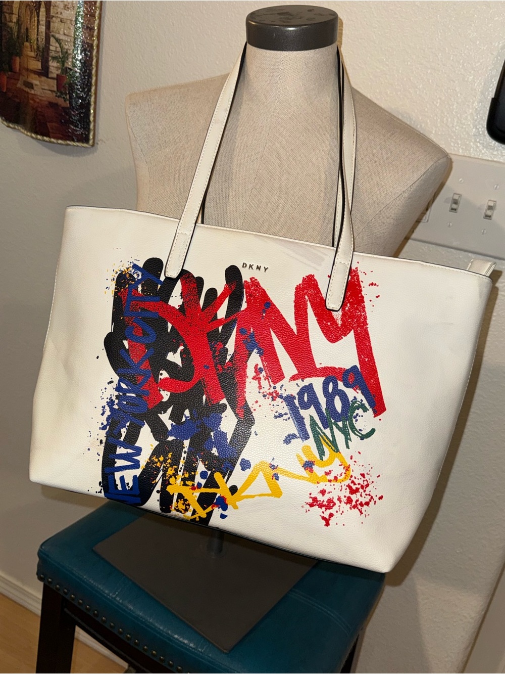 DKNY White Leather Graffiti Tote with Multicolor Print